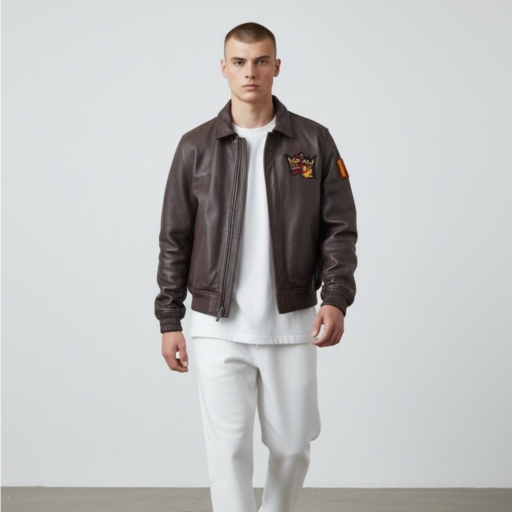 2016 Men’s Leather Varsity Bomber Jacket Brown Medium Queens Commerce